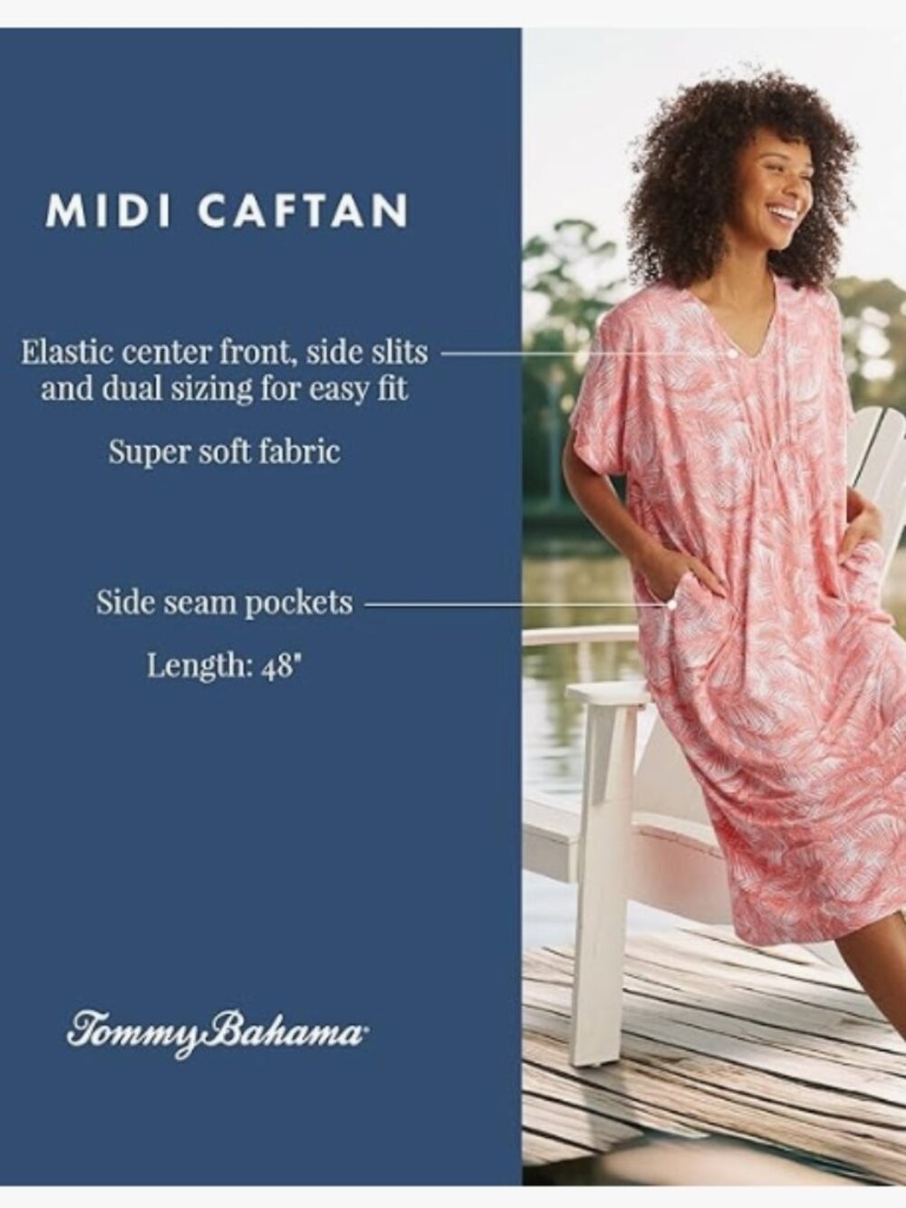 NWT Tommy Bahama Women's Midi Caftan, Dolman Sleeve Caftan with Pockets in Pink
